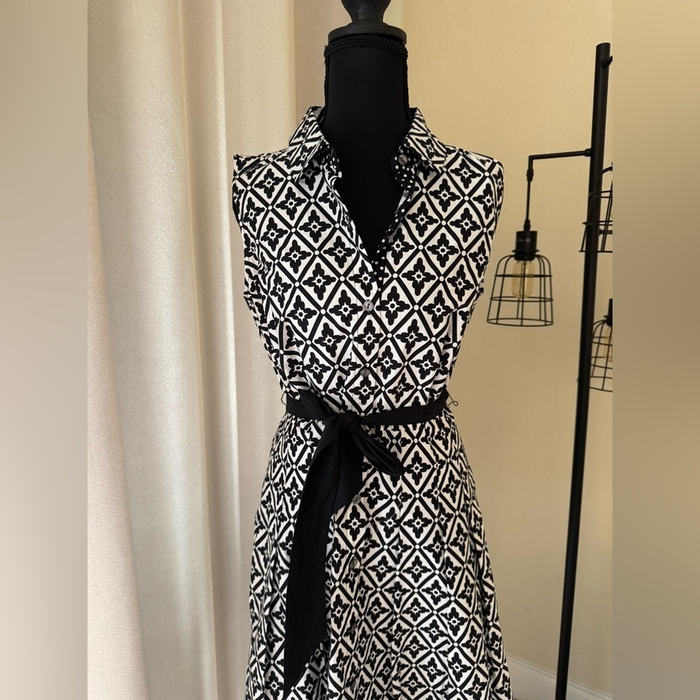 Talbots Black White Geometric Midi Dress Fit Flare Size 2 NWT - Picture 3 of 7